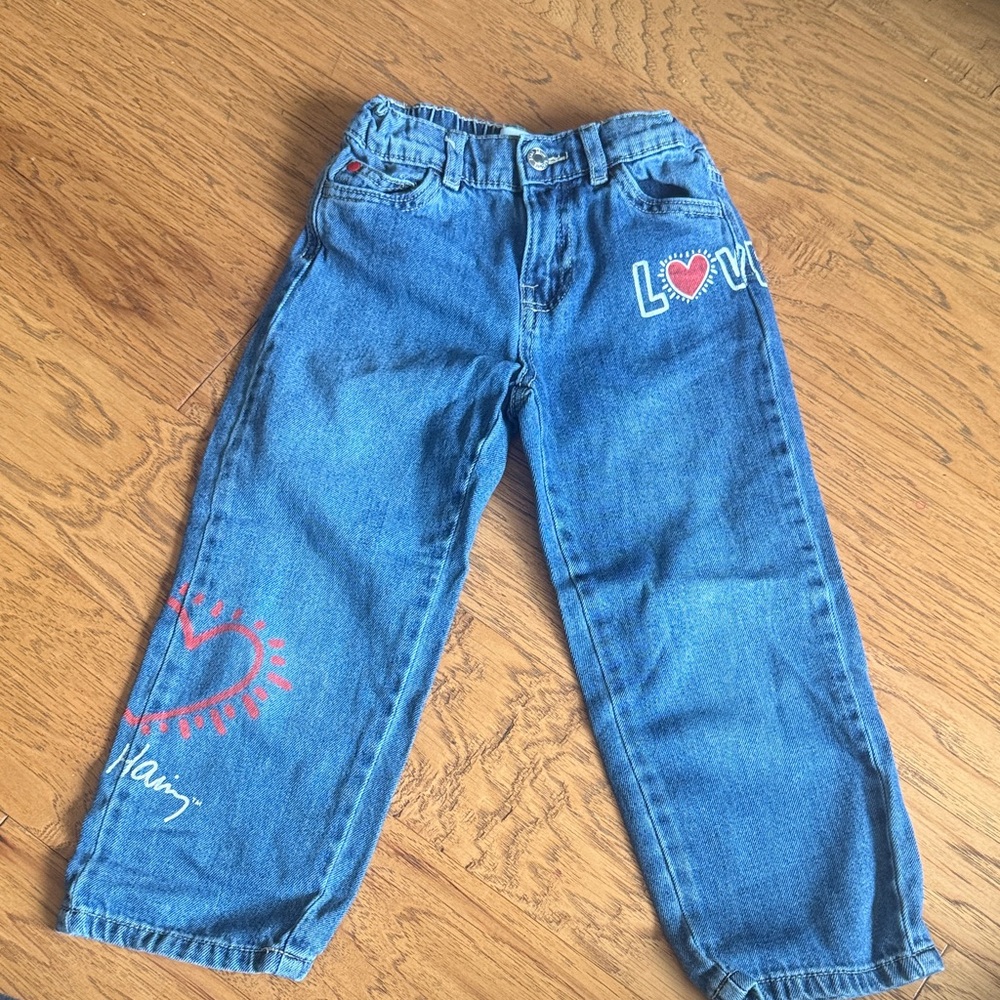 Zara x Keith Haring Blue Denim 'Love' Heart Embroidered Jeans. These are the cut